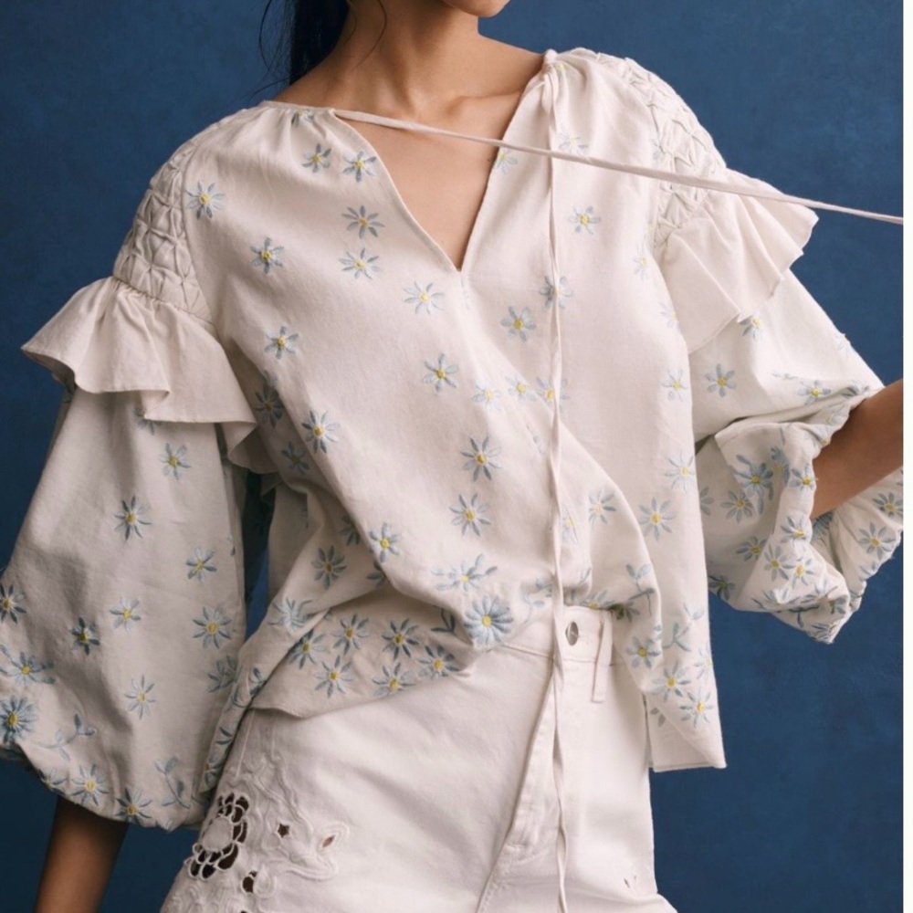 Forever That Girl for Anthropology Embroidered White Blouse